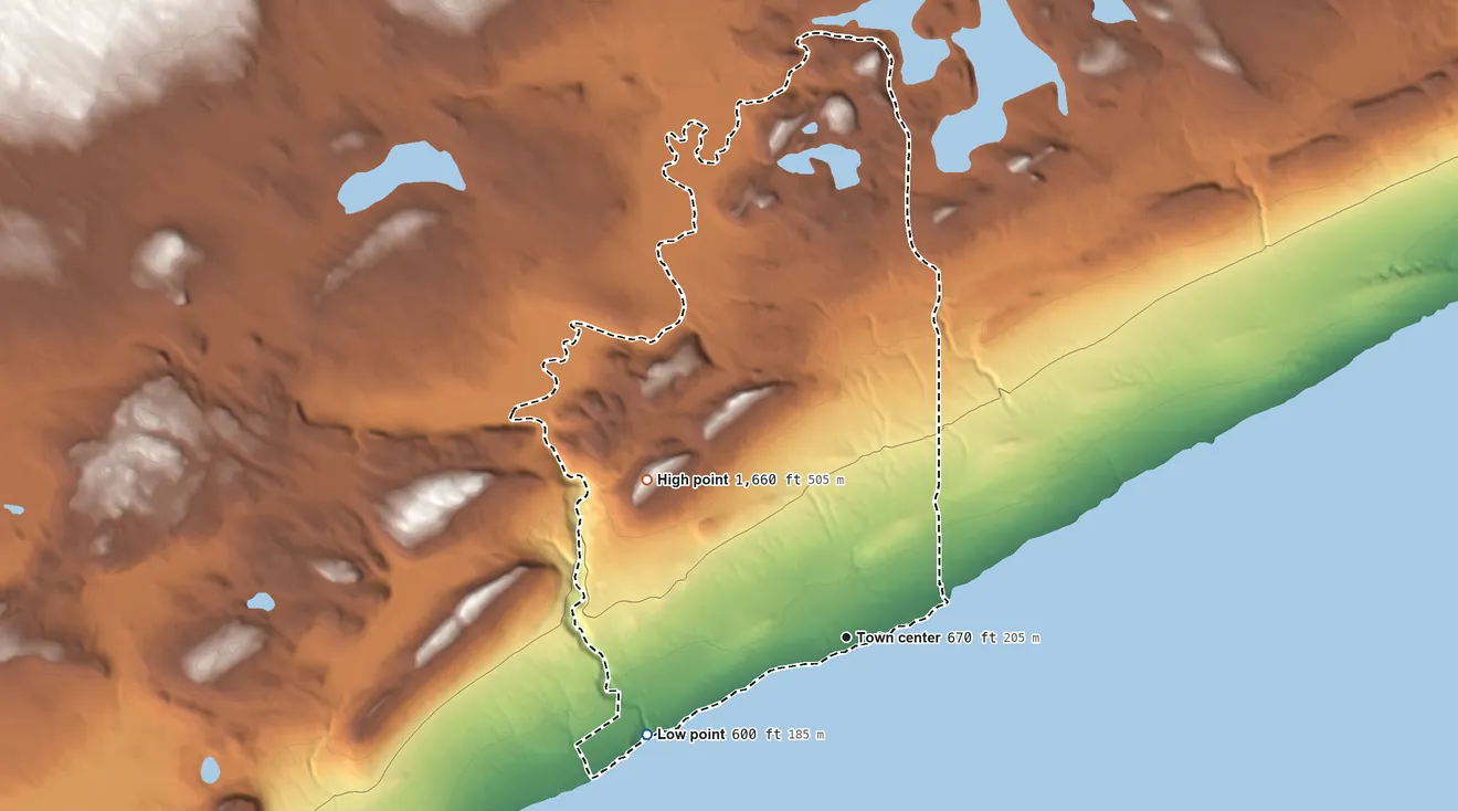 Topographic elevation map of Lutsen, Minnesota, shaded from 600 ft on the southwest side to 1,660 ft on Eagle Mountain