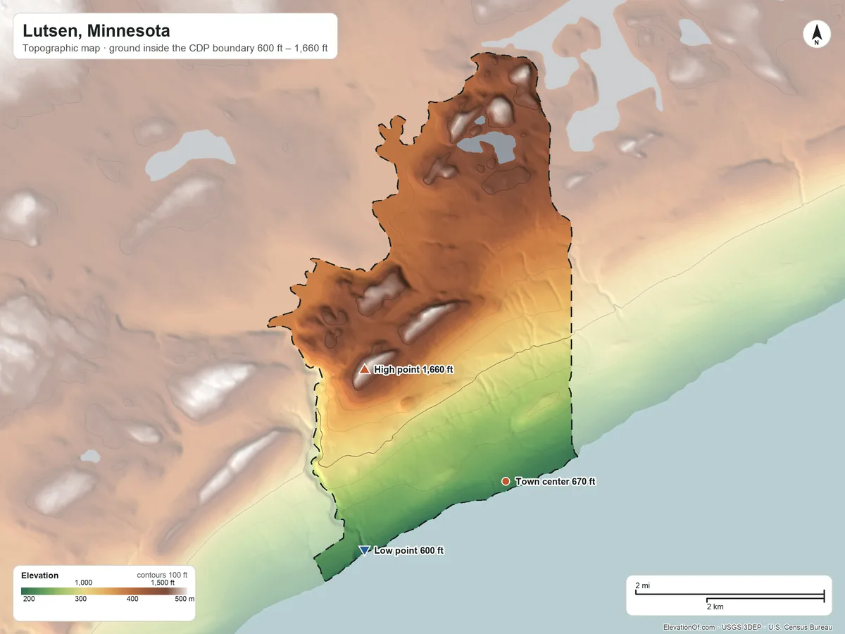Topographic elevation map of Lutsen, Minnesota, shaded from 600 ft on the southwest side to 1,660 ft on Eagle Mountain