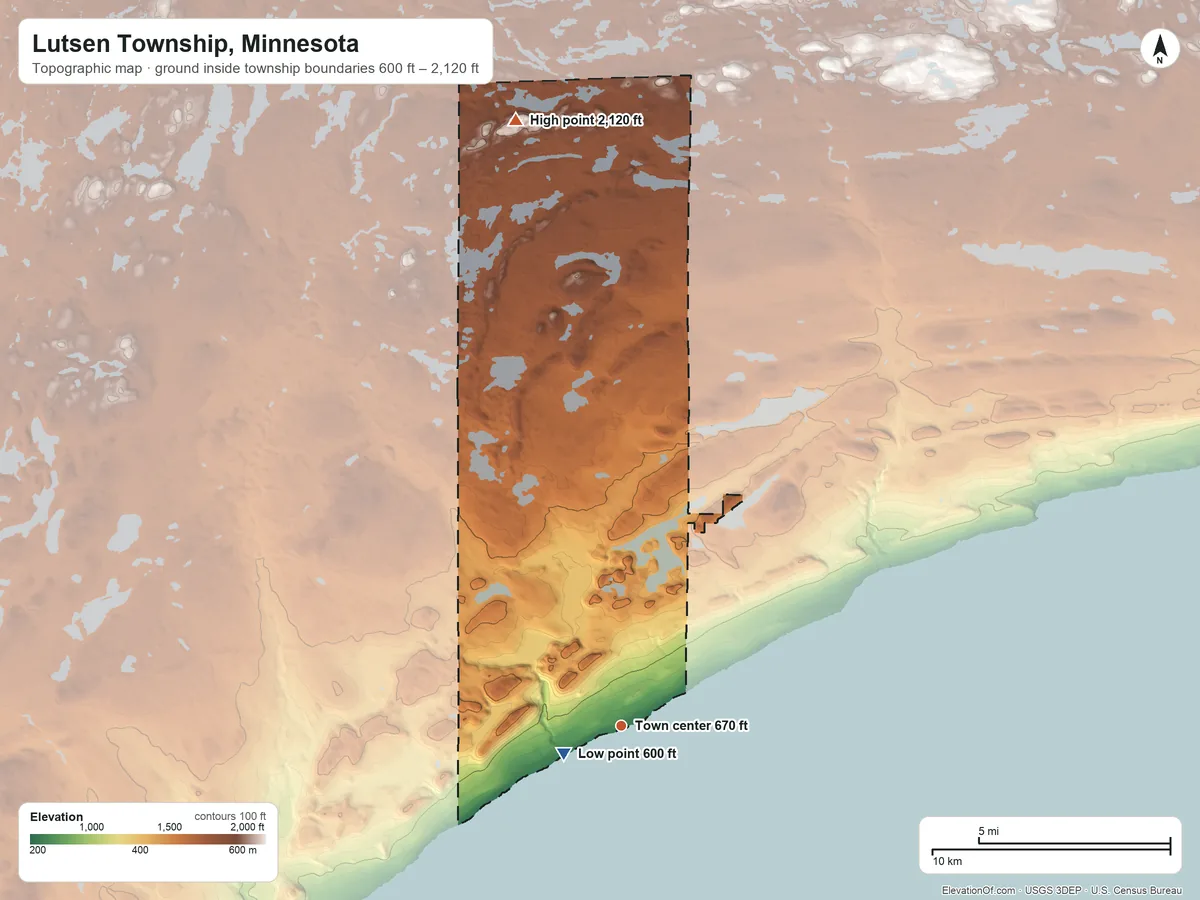 Topographic elevation map of Lutsen Township, Minnesota, shaded from 600 ft near the middle to 2,120 ft on the north side