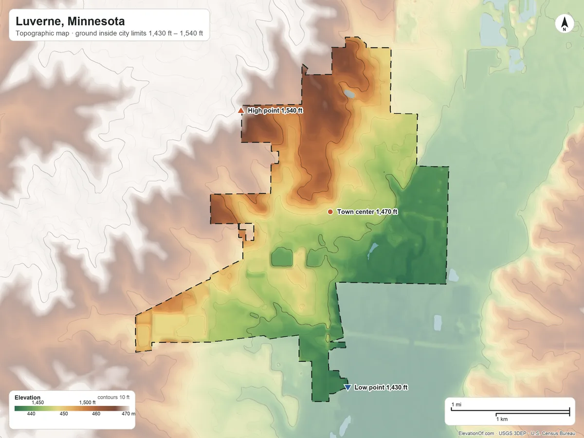 Topographic elevation map of Luverne, Minnesota, shaded from 1,430 ft on the south side to 1,540 ft on the northwest side