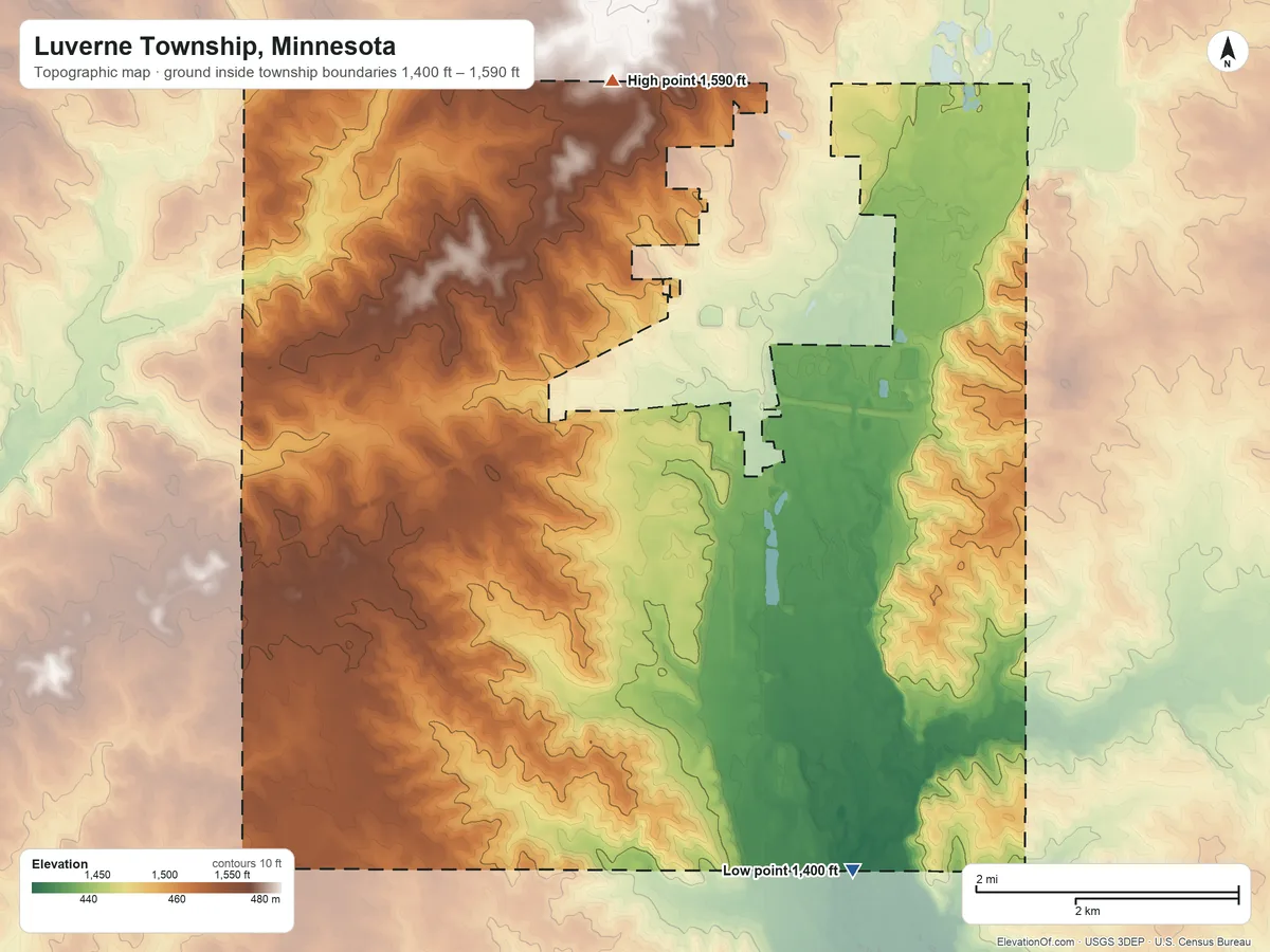 Topographic elevation map of Luverne Township, Minnesota, shaded from 1,400 ft on the south side to 1,590 ft on the northwest side