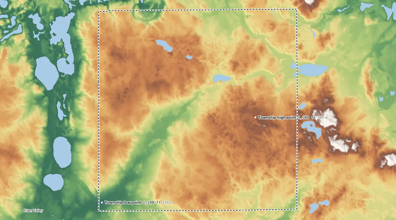Topographic elevation map of Luxemburg Township, Minnesota, shaded from 1,100 ft on the southwest side to 1,300 ft on the southeast side