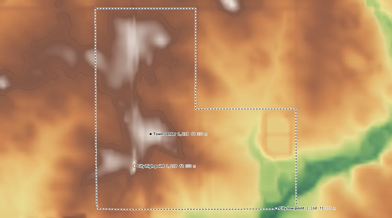 Topographic elevation map of Lyle, Minnesota, shaded from 1,160 ft on the southeast side to 1,210 ft on the southwest side