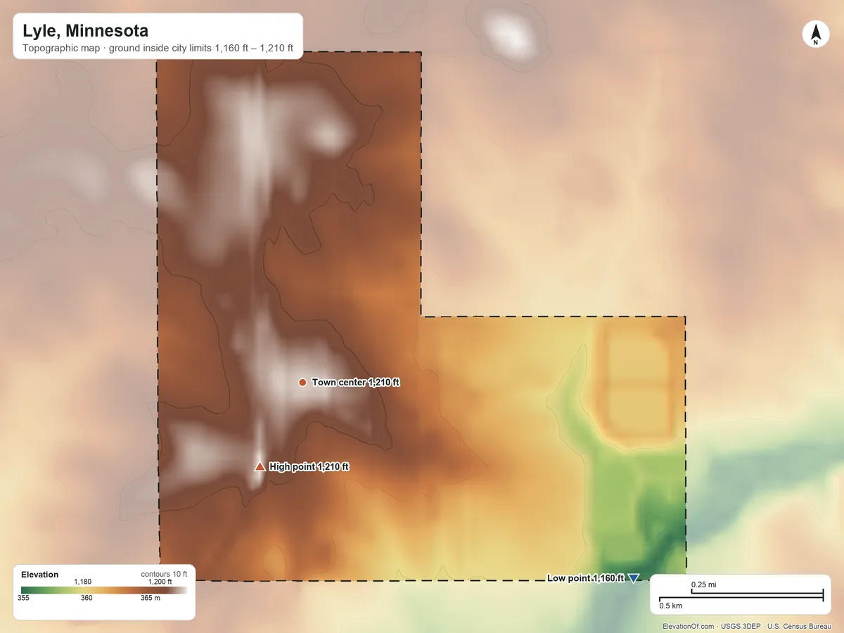 Topographic elevation map of Lyle, Minnesota, shaded from 1,160 ft on the southeast side to 1,210 ft on the southwest side