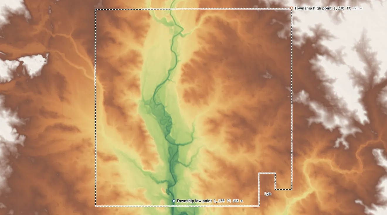 Topographic elevation map of Lyle Township, Minnesota, shaded from 1,130 ft on the south side to 1,230 ft on the northeast side