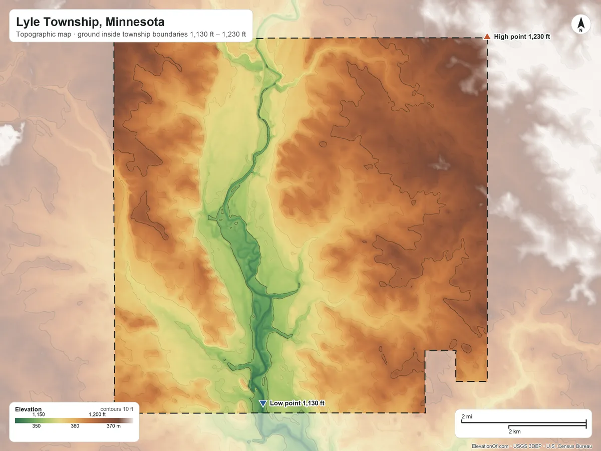 Topographic elevation map of Lyle Township, Minnesota, shaded from 1,130 ft on the south side to 1,230 ft on the northeast side