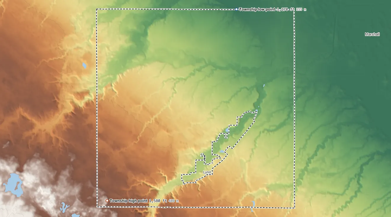 Topographic elevation map of Lynd Township, Minnesota, shaded from 1,170 ft on the north side to 1,580 ft on the southwest side