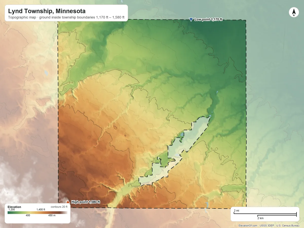 Topographic elevation map of Lynd Township, Minnesota, shaded from 1,170 ft on the north side to 1,580 ft on the southwest side