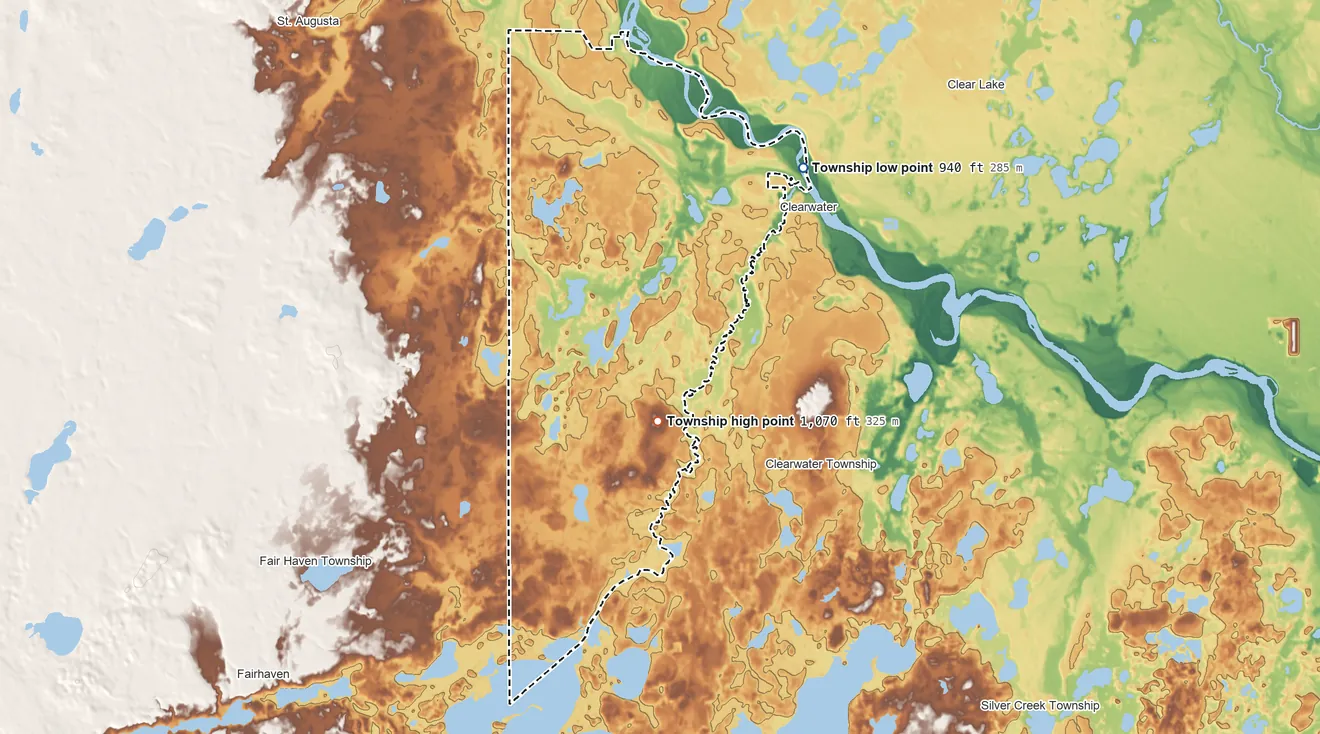 Topographic elevation map of Lynden Township, Minnesota, shaded from 940 ft on the northeast side to 1,070 ft on the south side