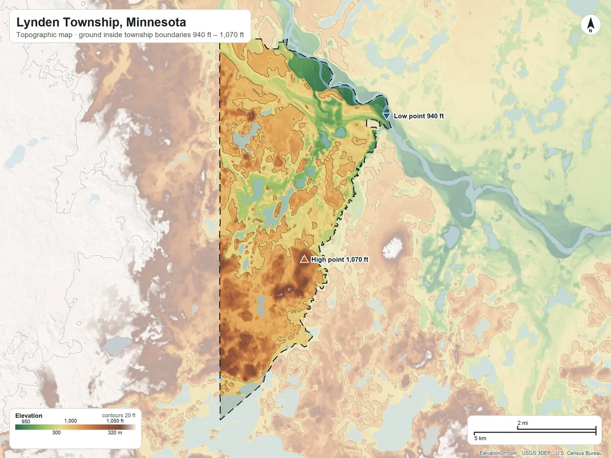 Topographic elevation map of Lynden Township, Minnesota, shaded from 940 ft on the northeast side to 1,070 ft on the south side