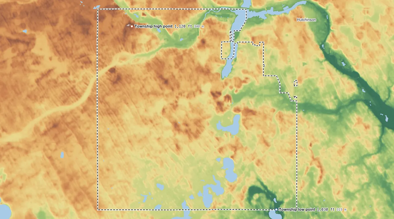 Topographic elevation map of Lynn Township, Minnesota, shaded from 1,030 ft on the southeast side to 1,120 ft on the northwest side