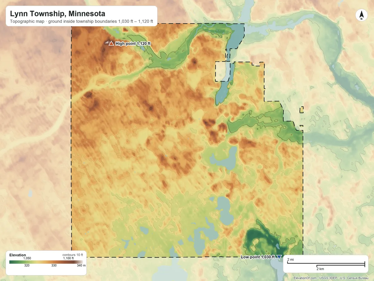 Topographic elevation map of Lynn Township, Minnesota, shaded from 1,030 ft on the southeast side to 1,120 ft on the northwest side