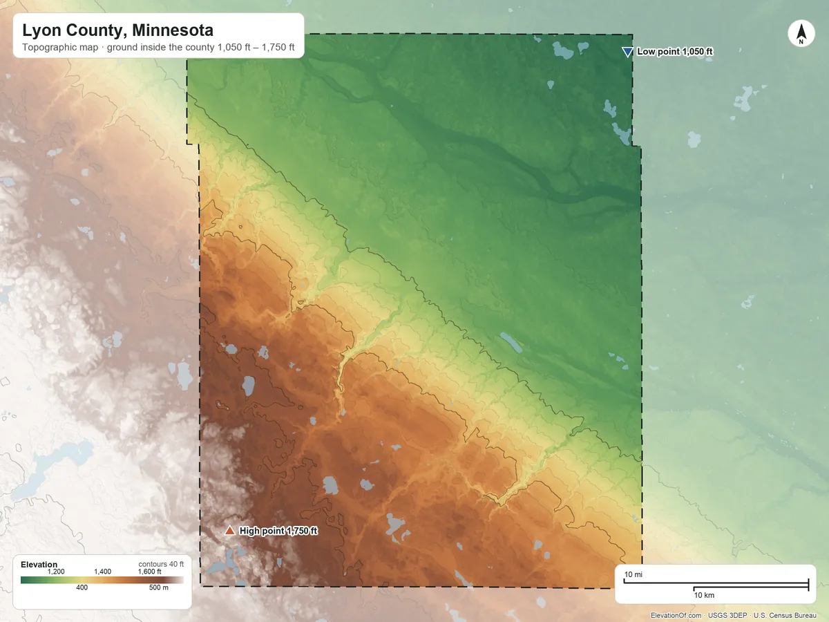 Topographic elevation map of Lyon County, Minnesota, shaded from 1,050 ft on the northeast side to 1,750 ft on the southwest side