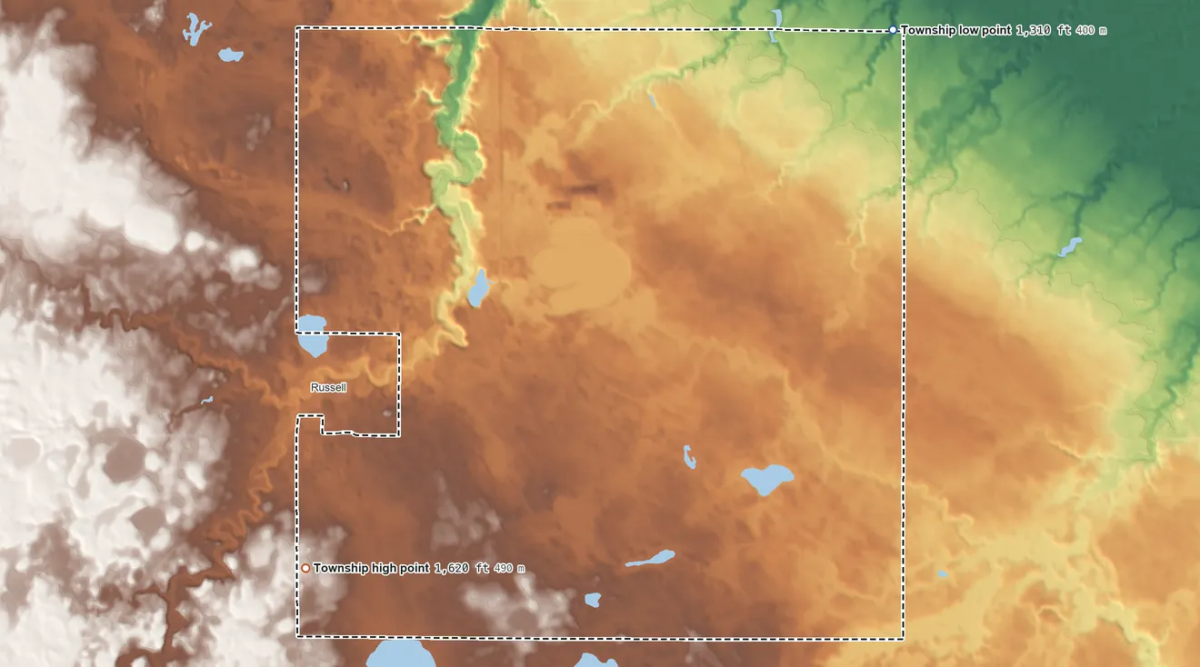 Topographic elevation map of Lyons Township, Lyon County, Minnesota, shaded from 1,310 ft on the northeast side to 1,620 ft on the southwest side