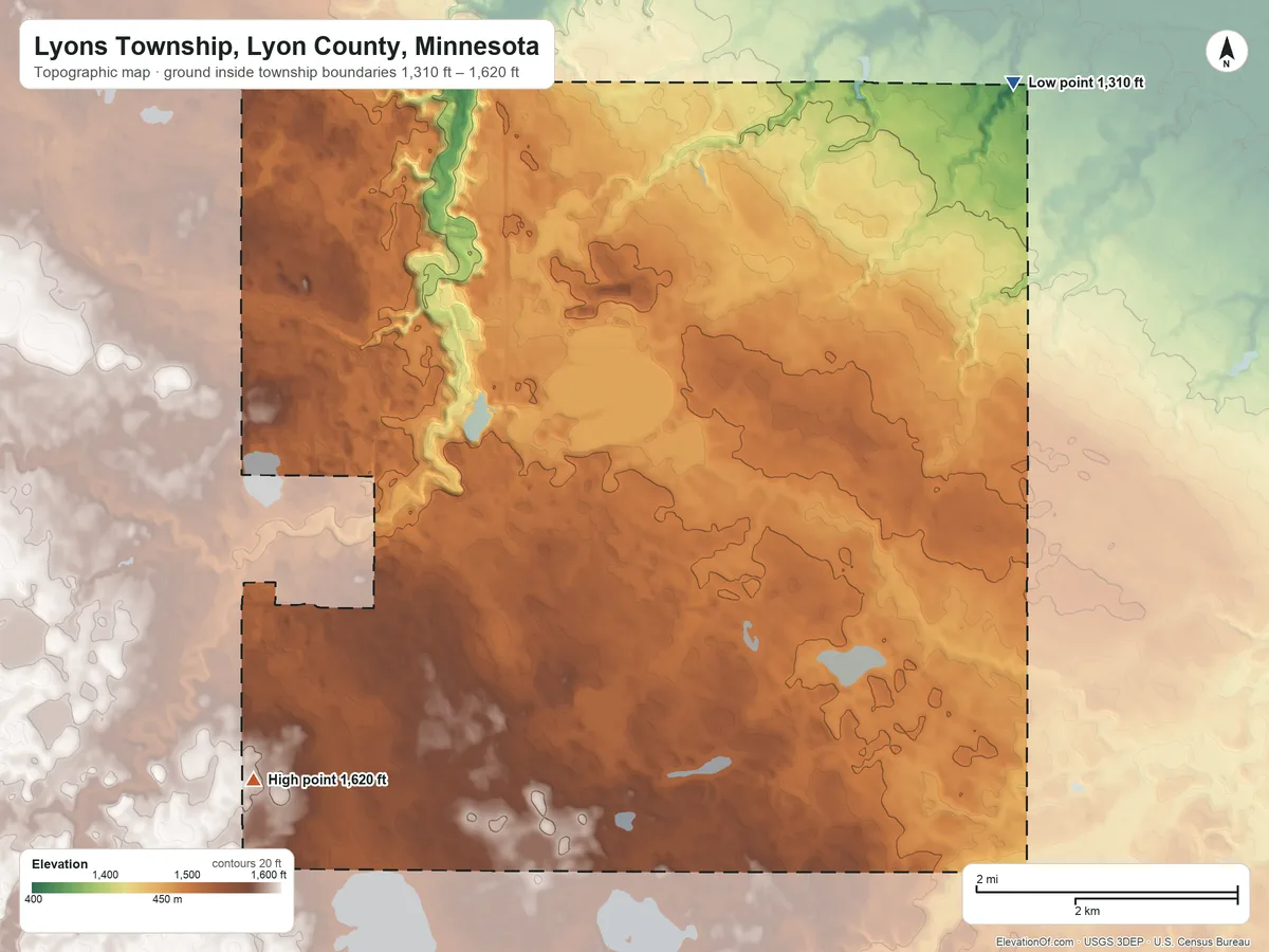 Topographic elevation map of Lyons Township, Lyon County, Minnesota, shaded from 1,310 ft on the northeast side to 1,620 ft on the southwest side