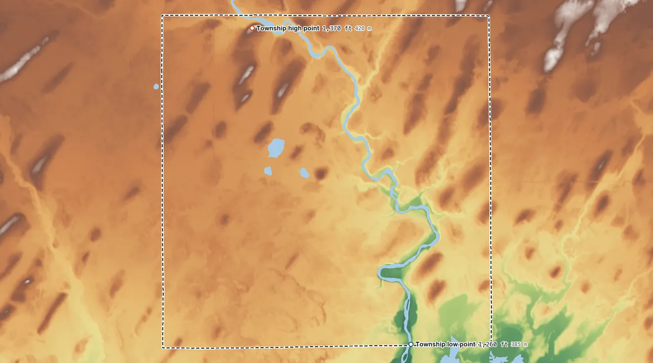 Topographic elevation map of Lyons Township, Minnesota, shaded from 1,260 ft on the southeast side to 1,370 ft on the northwest side