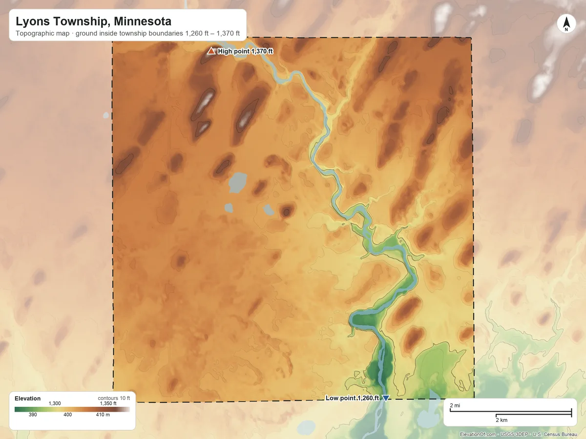 Topographic elevation map of Lyons Township, Minnesota, shaded from 1,260 ft on the southeast side to 1,370 ft on the northwest side