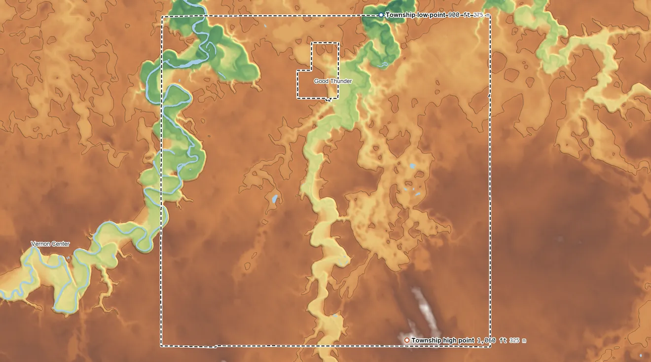 Topographic elevation map of Lyra Township, Minnesota, shaded from 900 ft on the north side to 1,060 ft on the south side