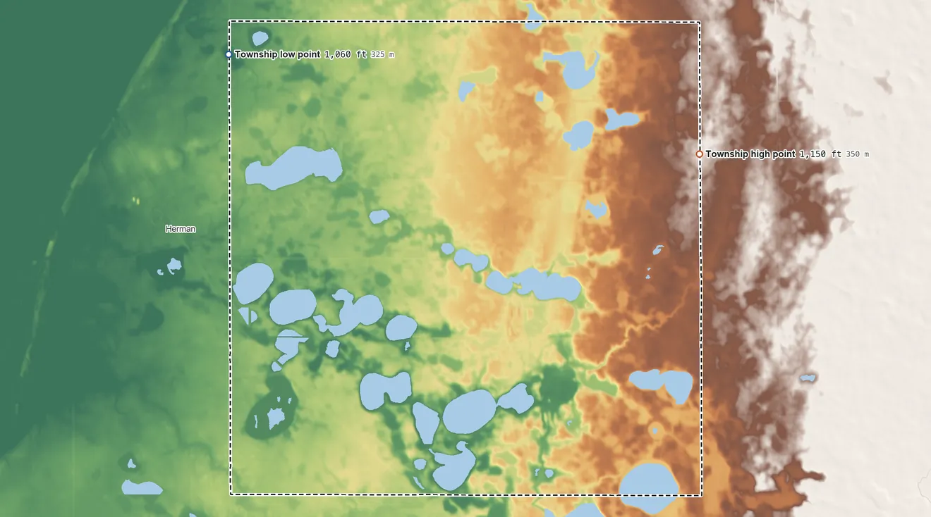 Topographic elevation map of Macsville Township, Minnesota, shaded from 1,060 ft on the northwest side to 1,150 ft on the east side