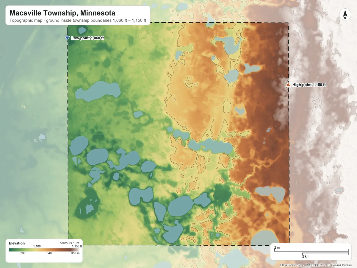 Topographic elevation map of Macsville Township, Minnesota, shaded from 1,060 ft on the northwest side to 1,150 ft on the east side