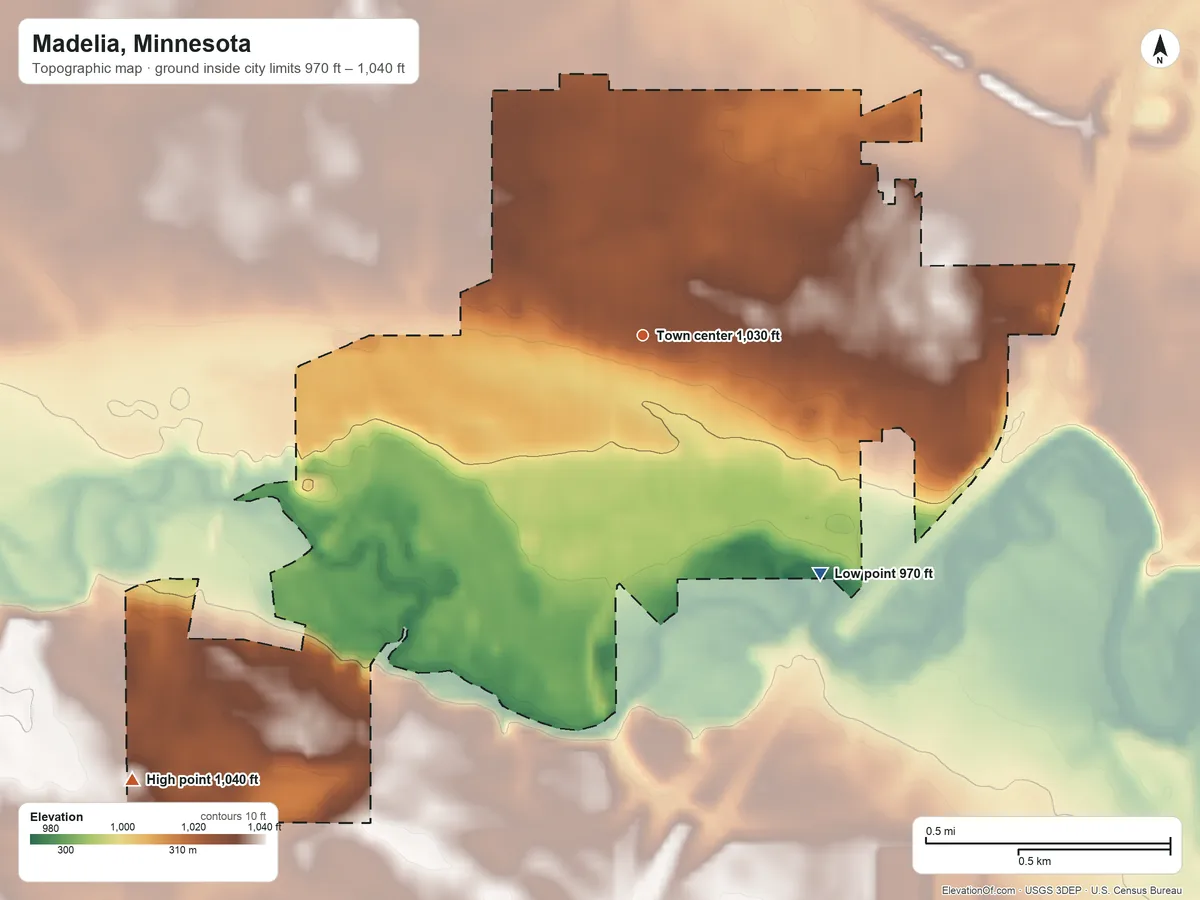Topographic elevation map of Madelia, Minnesota, shaded from 970 ft on the southeast side to 1,040 ft on the southwest side