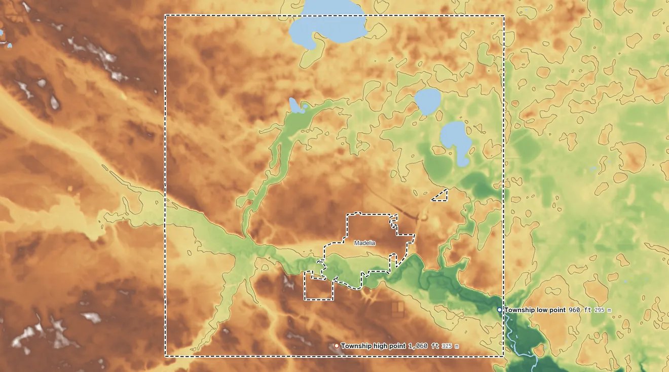 Topographic elevation map of Madelia Township, Minnesota, shaded from 960 ft on the southeast side to 1,060 ft on the south side