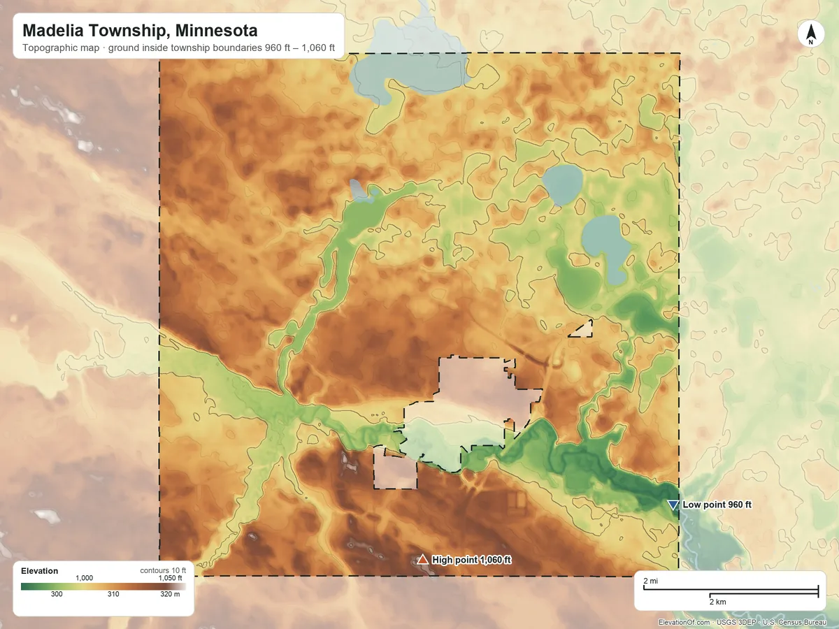 Topographic elevation map of Madelia Township, Minnesota, shaded from 960 ft on the southeast side to 1,060 ft on the south side
