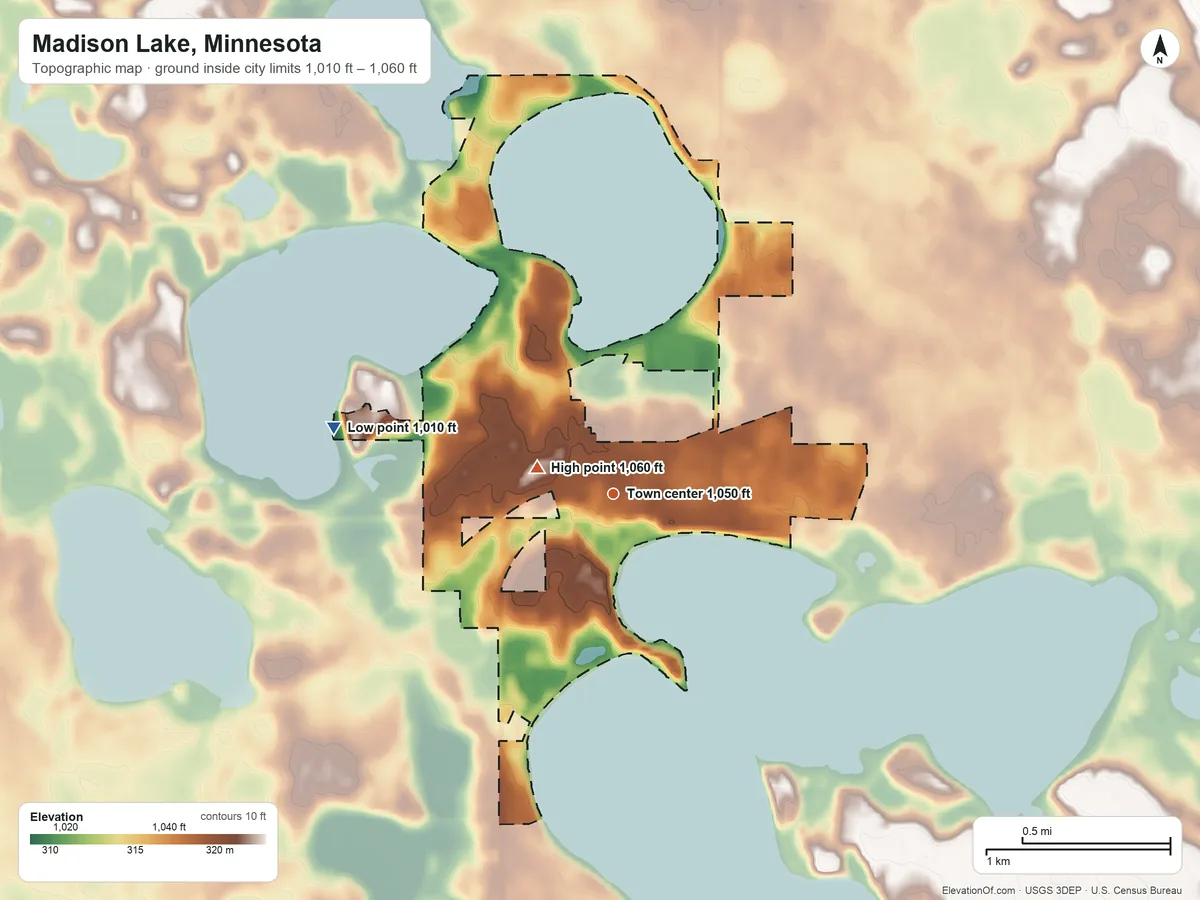 Topographic elevation map of Madison Lake, Minnesota, shaded from 1,010 ft on the west side to 1,060 ft near the middle