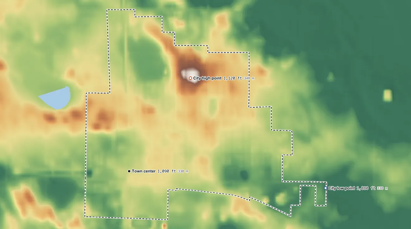 Topographic elevation map of Madison, Minnesota, shaded from 1,080 ft on the east side to 1,120 ft on the northeast side