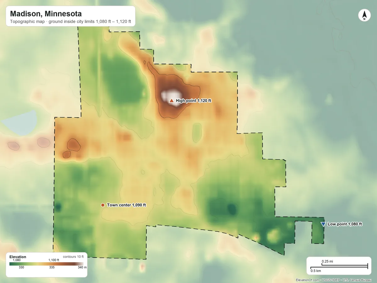 Topographic elevation map of Madison, Minnesota, shaded from 1,080 ft on the east side to 1,120 ft on the northeast side