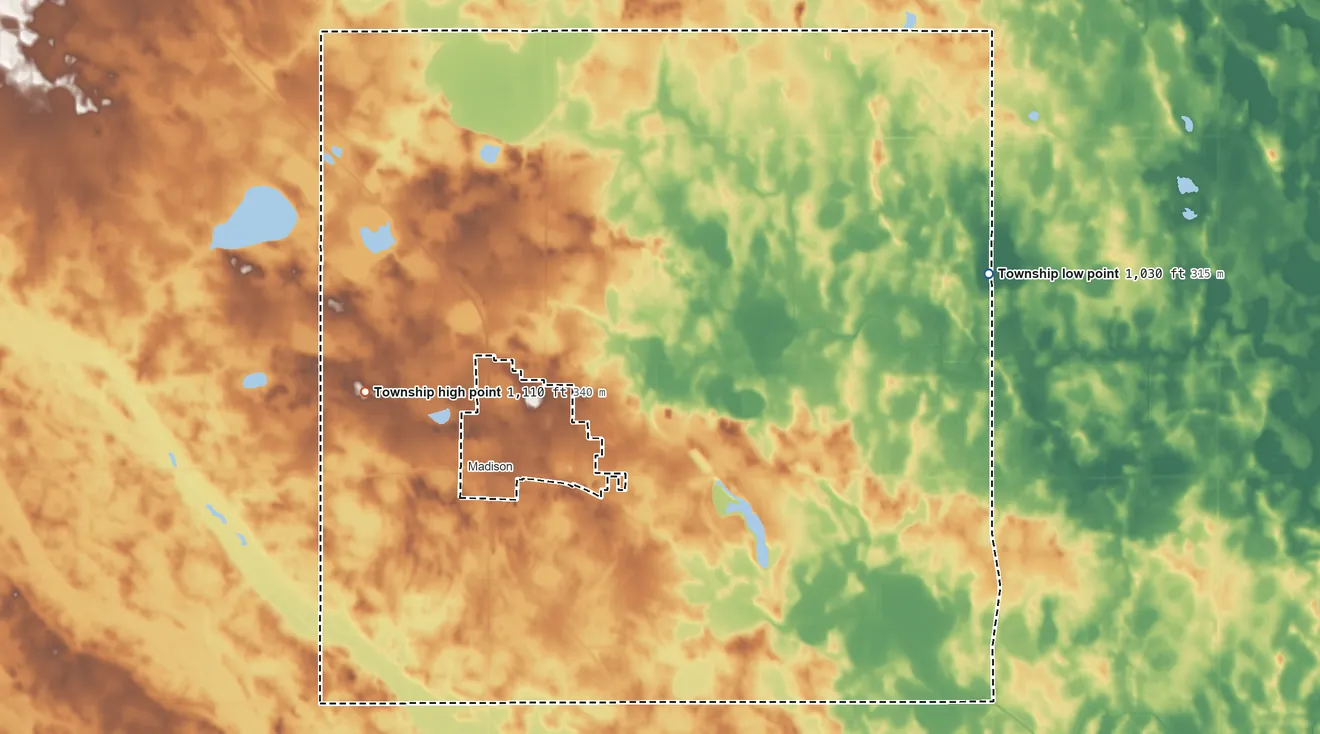 Topographic elevation map of Madison Township, Minnesota, shaded from 1,030 ft on the east side to 1,110 ft on the west side