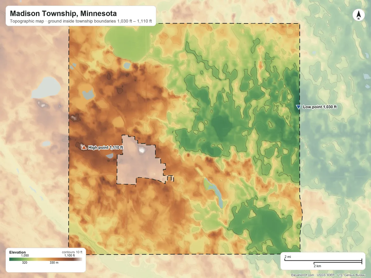 Topographic elevation map of Madison Township, Minnesota, shaded from 1,030 ft on the east side to 1,110 ft on the west side