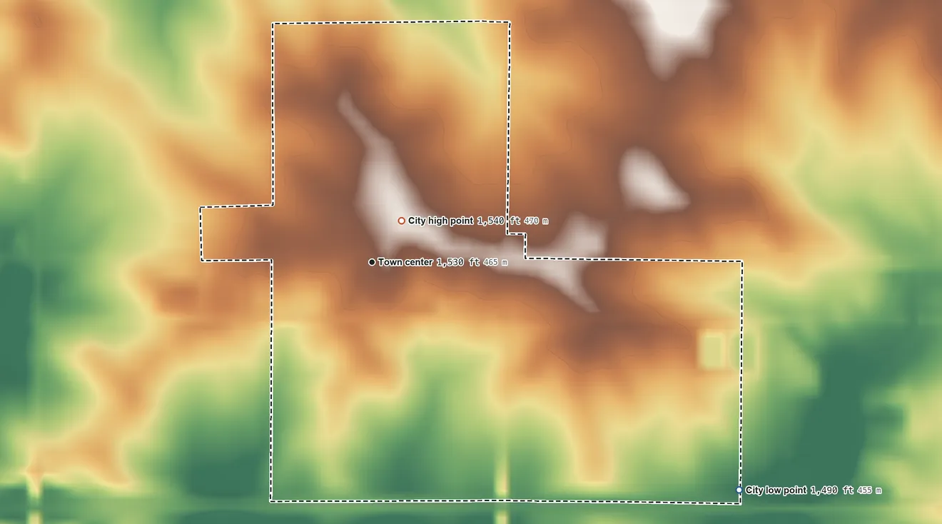 Topographic elevation map of Magnolia, Minnesota, shaded from 1,490 ft on the southeast side to 1,540 ft near the middle