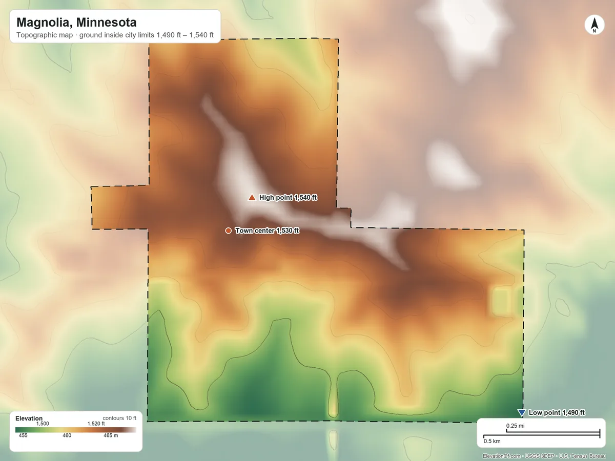 Topographic elevation map of Magnolia, Minnesota, shaded from 1,490 ft on the southeast side to 1,540 ft near the middle