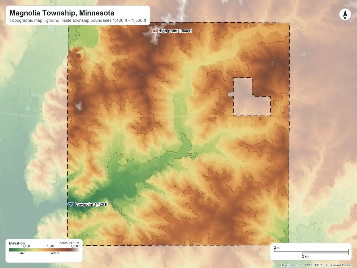 Topographic elevation map of Magnolia Township, Minnesota, shaded from 1,420 ft on the southwest side to 1,560 ft on the north side