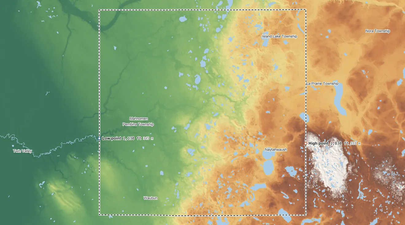 Topographic elevation map of Mahnomen County, Minnesota, shaded from 1,130 ft on the west side to 1,830 ft on the east side