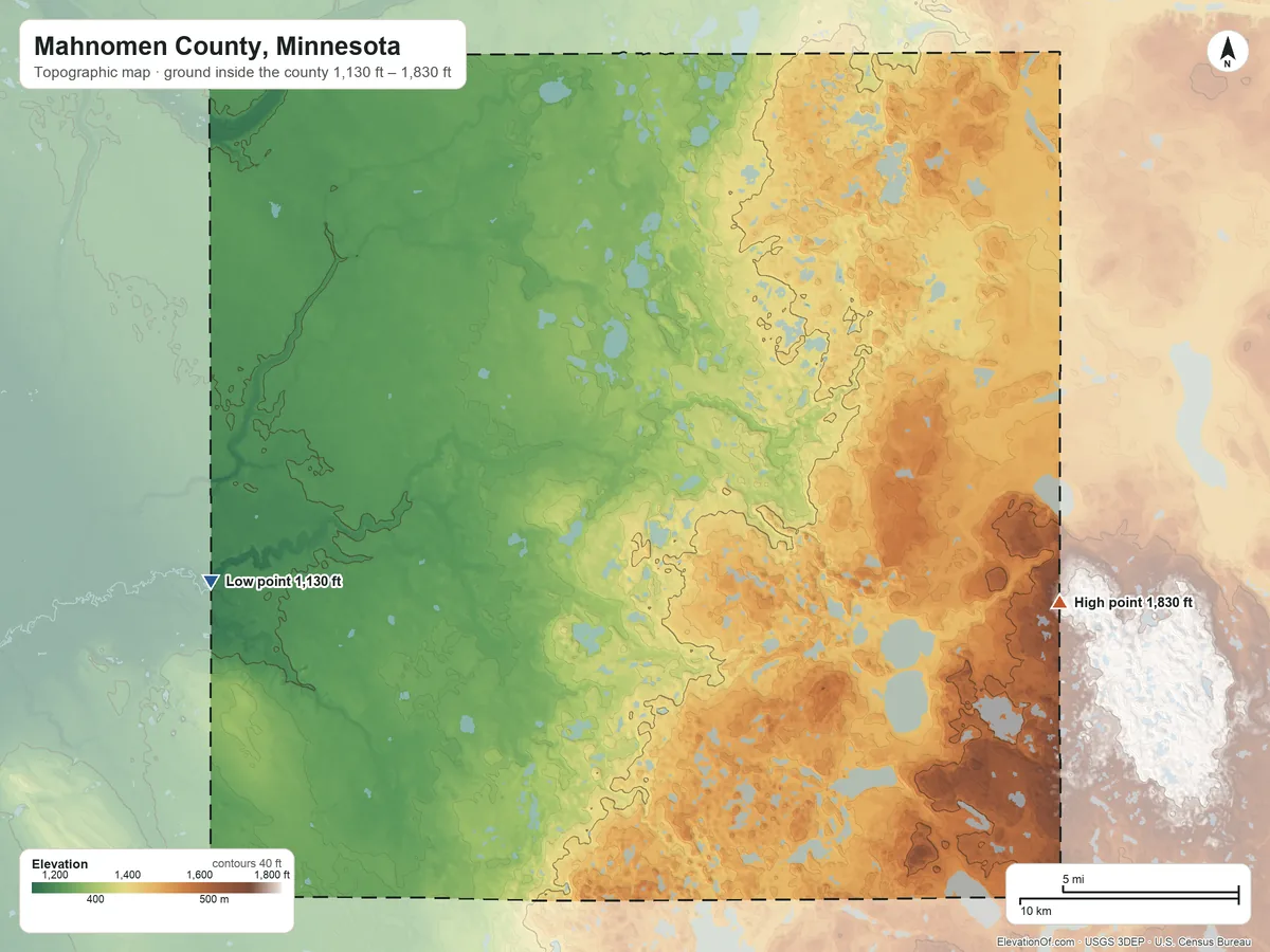 Topographic elevation map of Mahnomen County, Minnesota, shaded from 1,130 ft on the west side to 1,830 ft on the east side