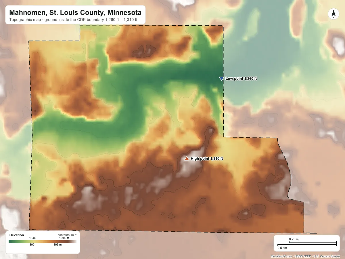 Topographic elevation map of Mahnomen, St. Louis County, Minnesota, shaded from 1,260 ft on the northeast side to 1,310 ft on the southeast side