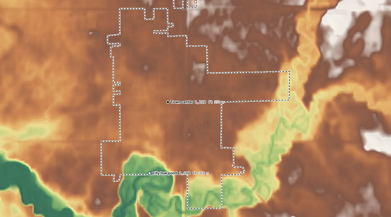 Topographic elevation map of Mahnomen, Minnesota, shaded from 1,180 ft on the south side to 1,220 ft on the north side