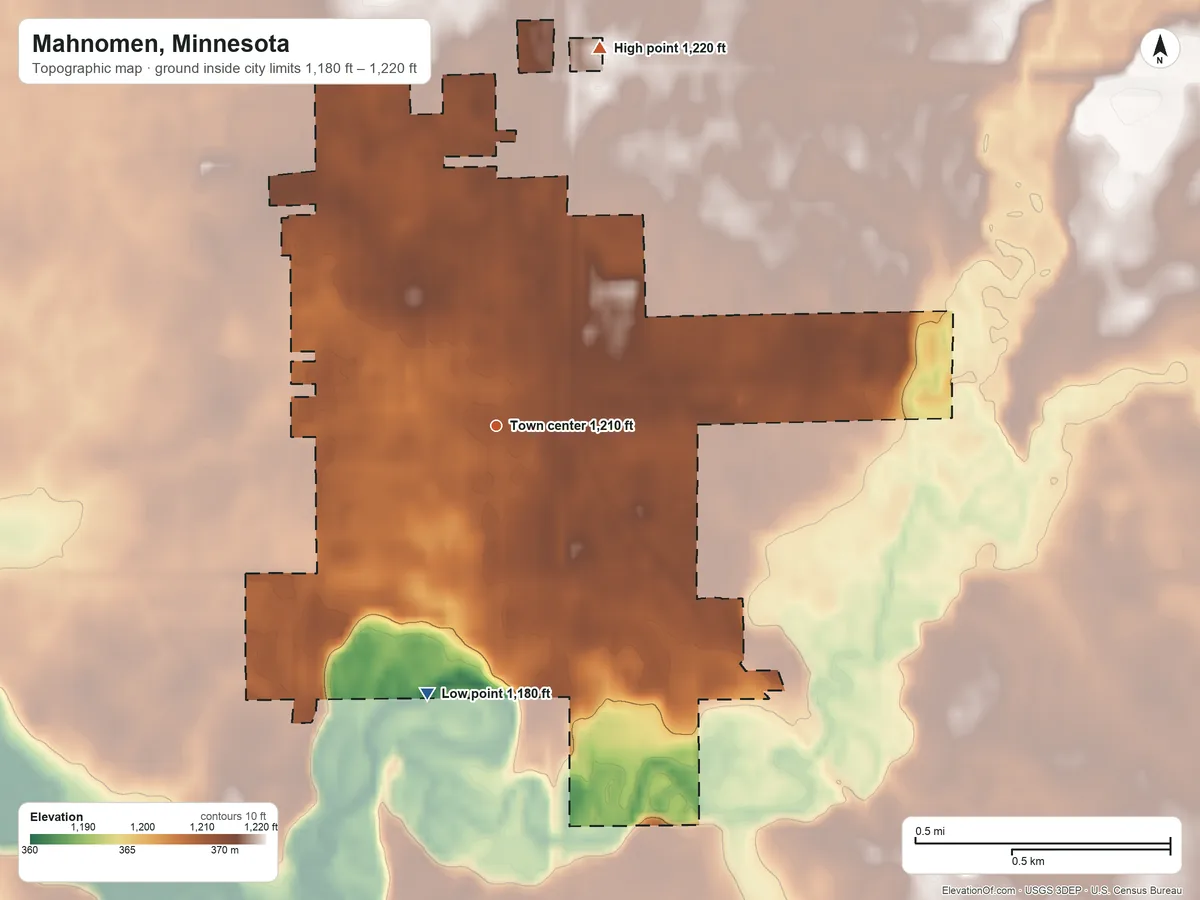 Topographic elevation map of Mahnomen, Minnesota, shaded from 1,180 ft on the south side to 1,220 ft on the north side