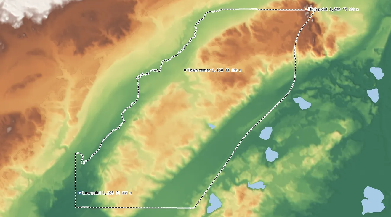 Topographic elevation map of Mahtowa, Minnesota, shaded from 1,100 ft on the southwest side to 1,280 ft on the northeast side