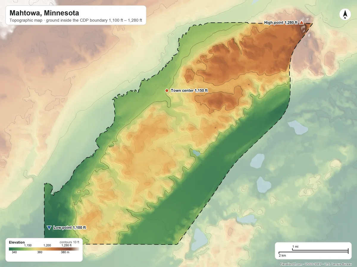 Topographic elevation map of Mahtowa, Minnesota, shaded from 1,100 ft on the southwest side to 1,280 ft on the northeast side