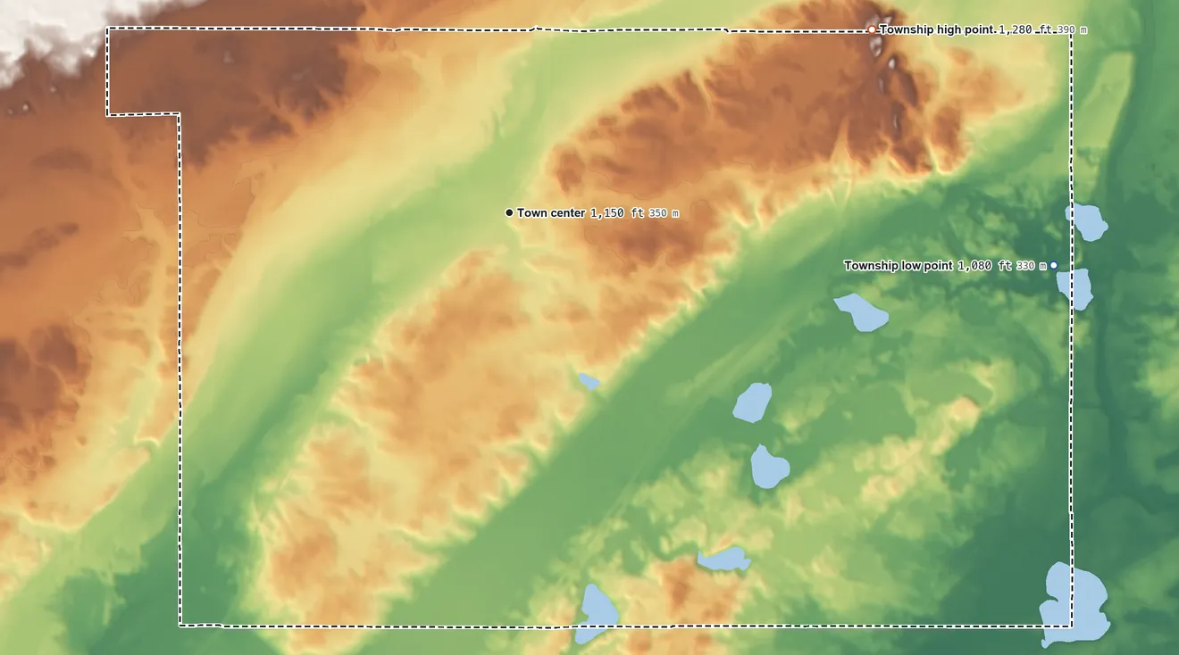 Topographic elevation map of Mahtowa Township, Minnesota, shaded from 1,080 ft on the east side to 1,280 ft on the northeast side