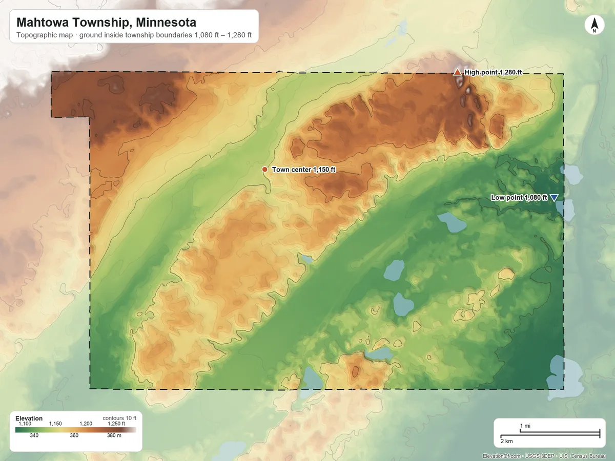Topographic elevation map of Mahtowa Township, Minnesota, shaded from 1,080 ft on the east side to 1,280 ft on the northeast side