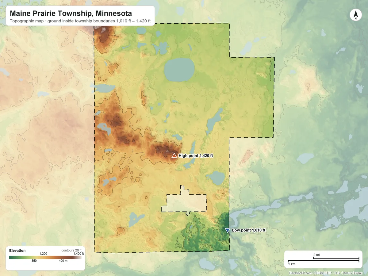 Topographic elevation map of Maine Prairie Township, Minnesota, shaded from 1,010 ft on the southeast side to 1,420 ft near the middle