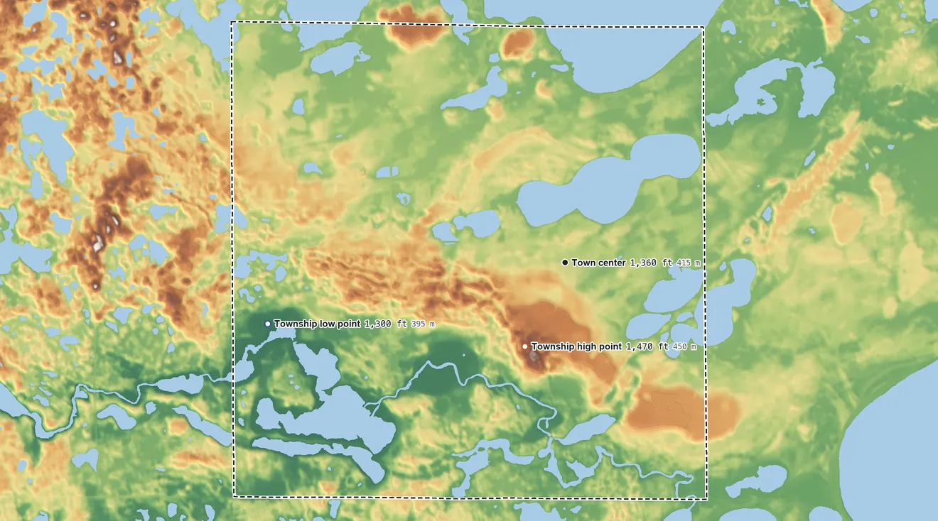 Topographic elevation map of Maine Township, Minnesota, shaded from 1,300 ft on the west side to 1,470 ft on the southwest side