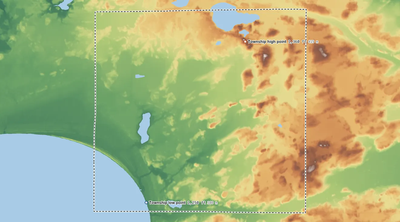 Topographic elevation map of Malmo Township, Minnesota, shaded from 1,250 ft on the southwest side to 1,360 ft on the northeast side