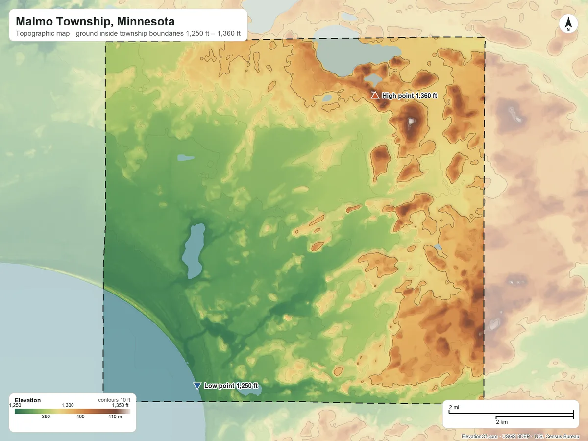 Topographic elevation map of Malmo Township, Minnesota, shaded from 1,250 ft on the southwest side to 1,360 ft on the northeast side