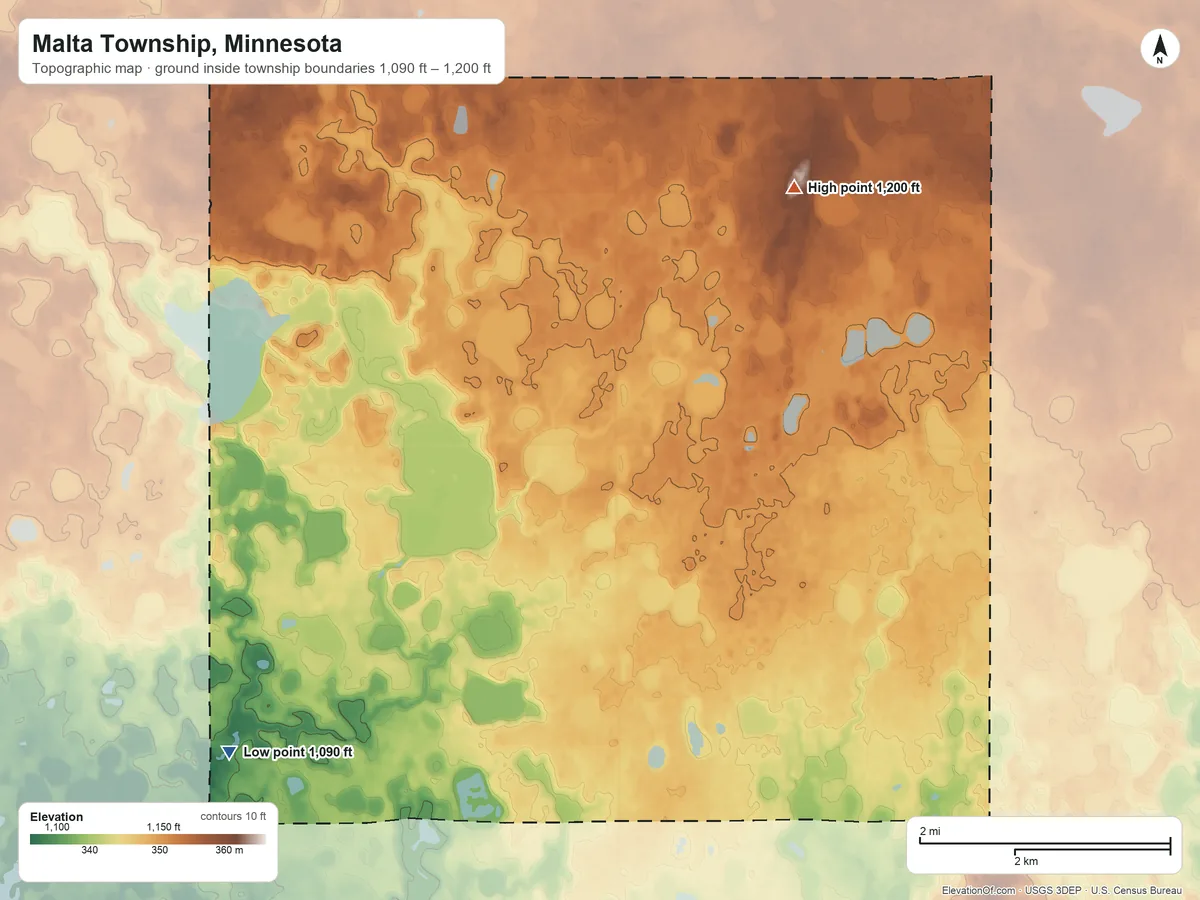 Topographic elevation map of Malta Township, Minnesota, shaded from 1,090 ft on the southwest side to 1,200 ft on the northeast side