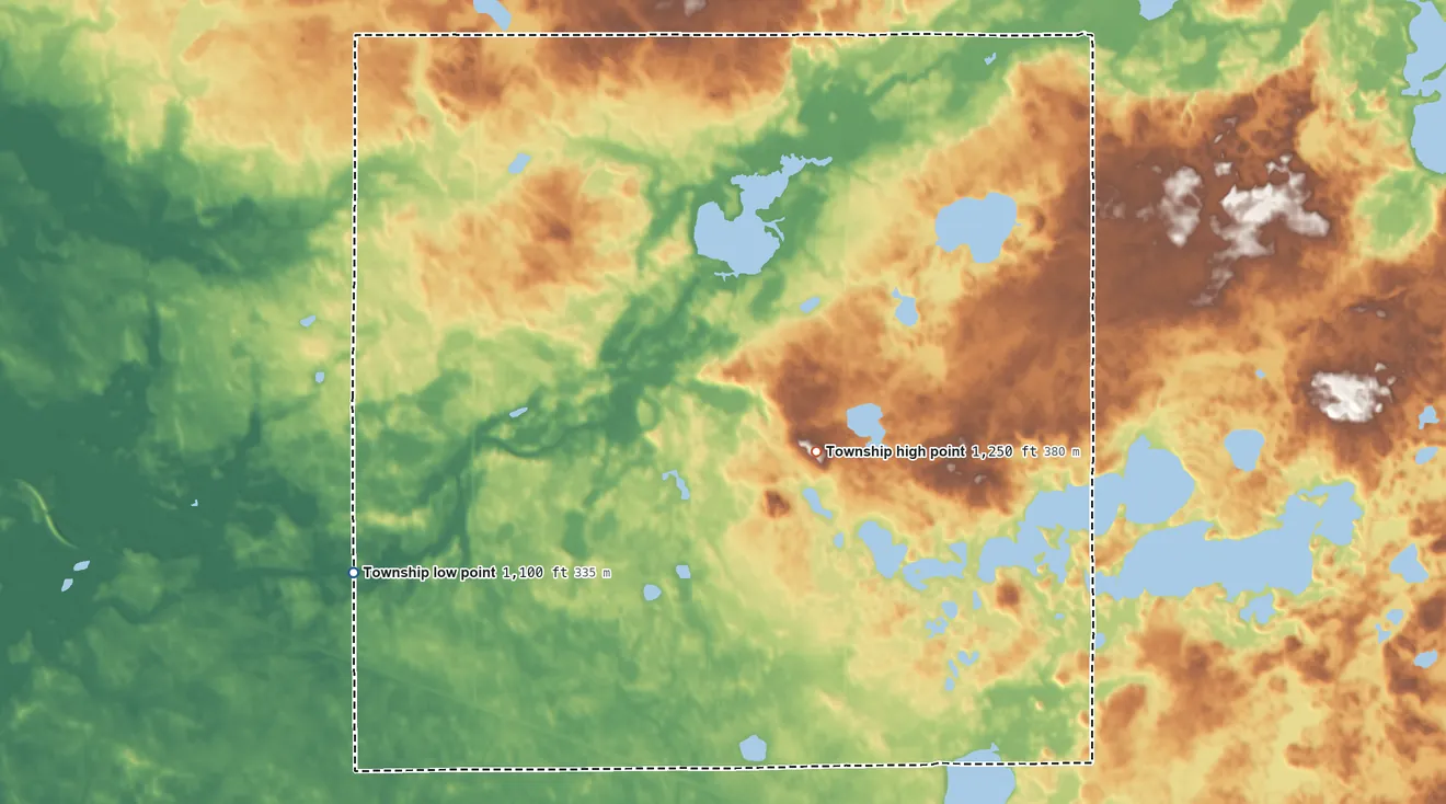 Topographic elevation map of Mamre Township, Minnesota, shaded from 1,100 ft on the west side to 1,250 ft near the middle